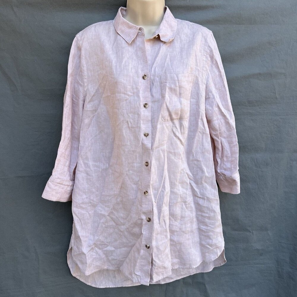 Chico's Size 1.5 I US 10 No Iron 100% Linen Shirt 3/4 Sleeves Lightweight Tan